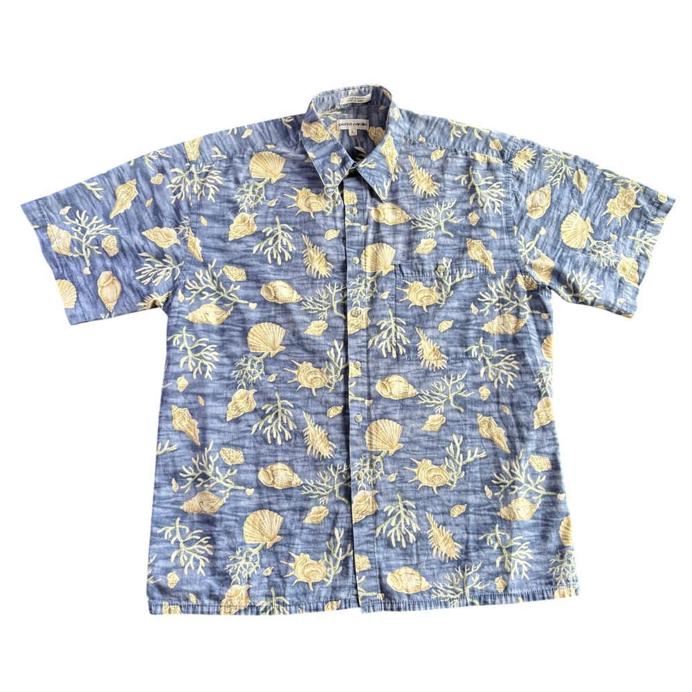 Pierre Cardin Mens Blue Cotton Seashell Coral Print Button Up Shirt Size Large
